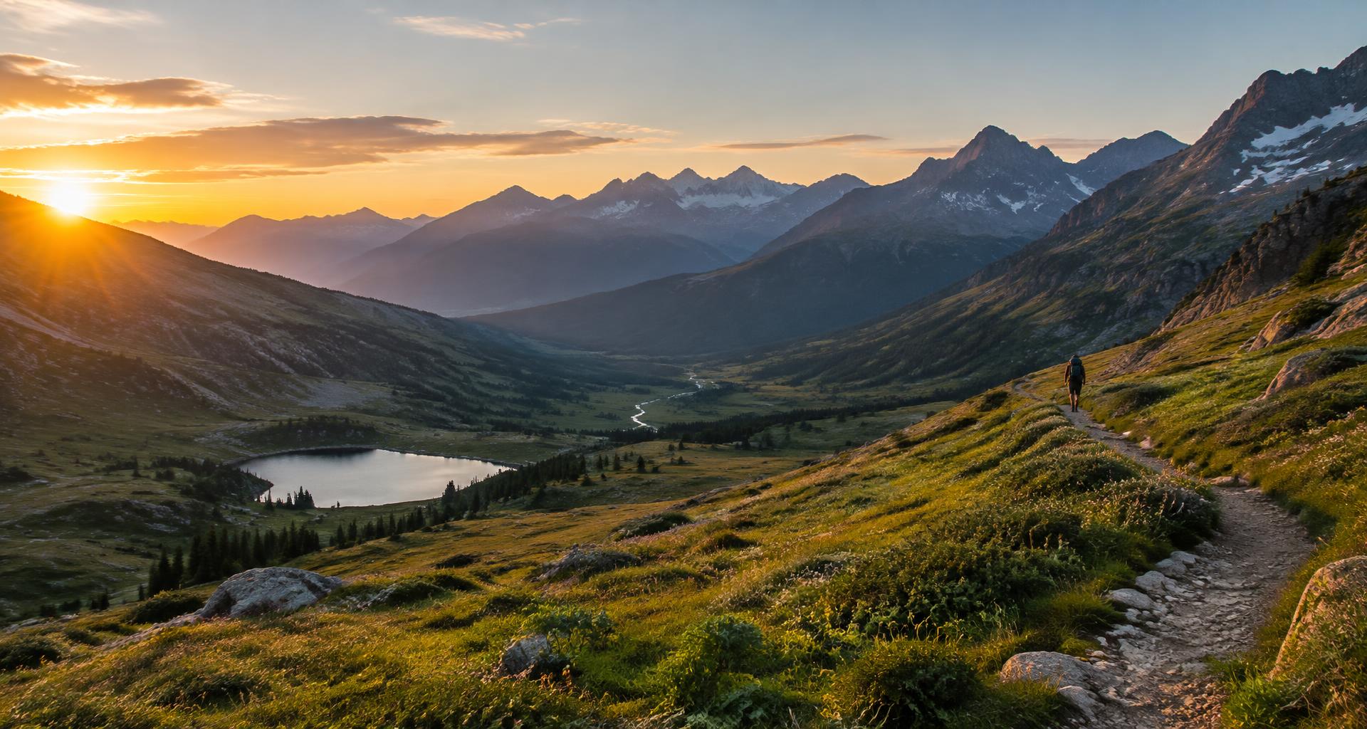 Hiker overlooking an alpine valley at sunrise