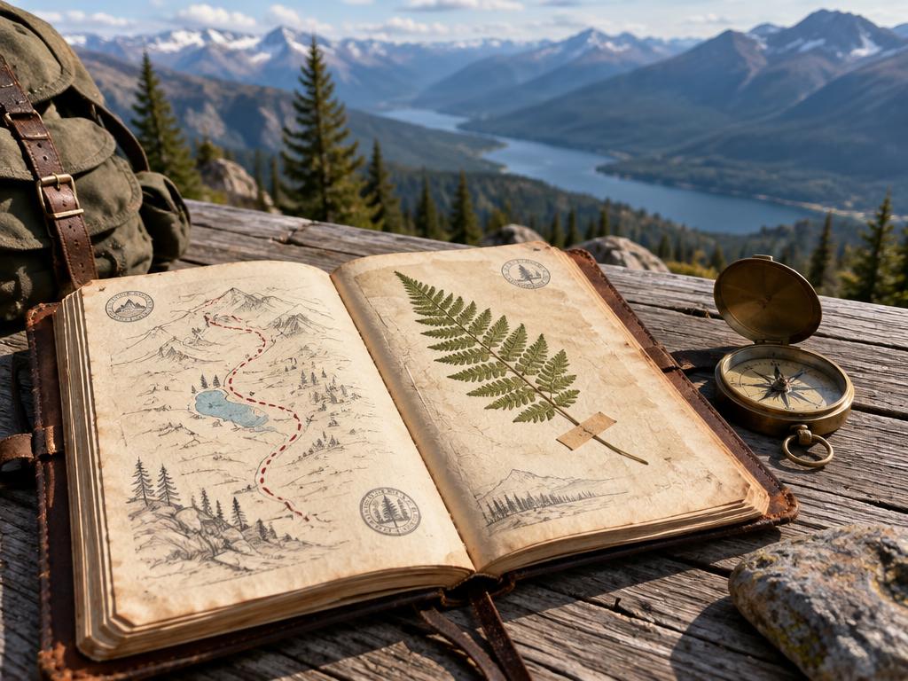 Open hiking journal beside a mountain valley
